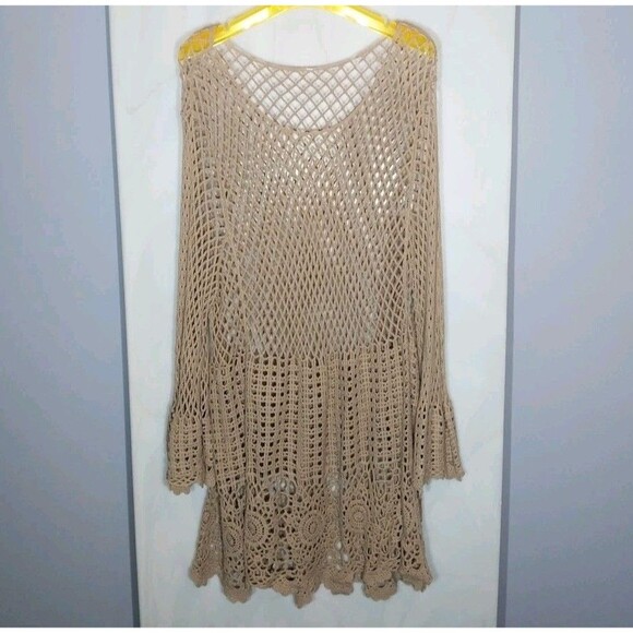 Crochet Dress Swimsuit Cover Up One Size Fishnet Scalloped Hem Flared Sleeves - Picture 1 of 6